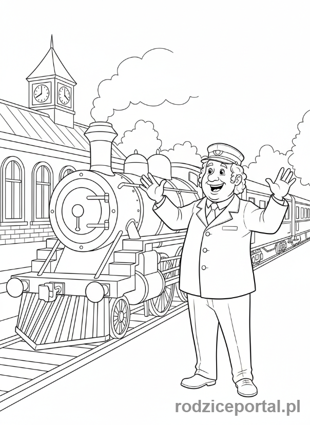 Kolorowanka Strażak Sam - Trevor Evans na stacji kolejowej, machający do pasażerów, życzliwy.