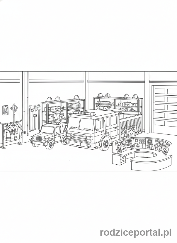 Kolorowanka Strażak Sam - Wnętrze remizy strażackiej, z pełnym wyposażeniem i pojazdami.