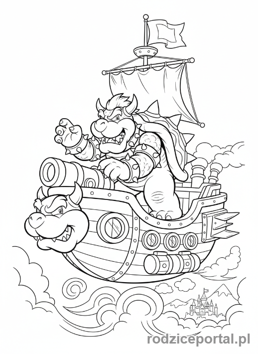 Kolorowanka Super Mario - Bowser na swojej latającej fortecy