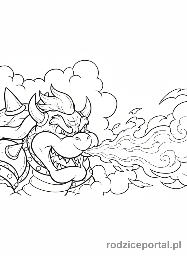 Kolorowanka Super Mario - Bowser plujący ogniem