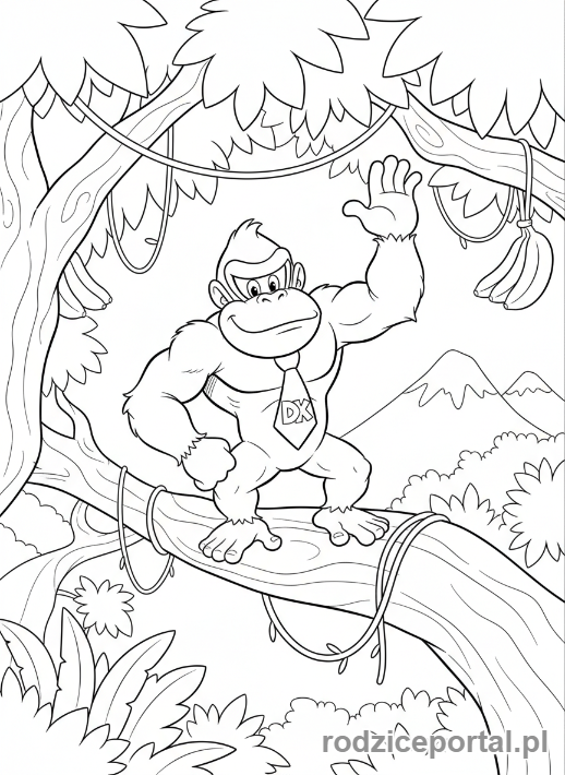 Kolorowanka Super Mario - Donkey Kong machający z dżungli