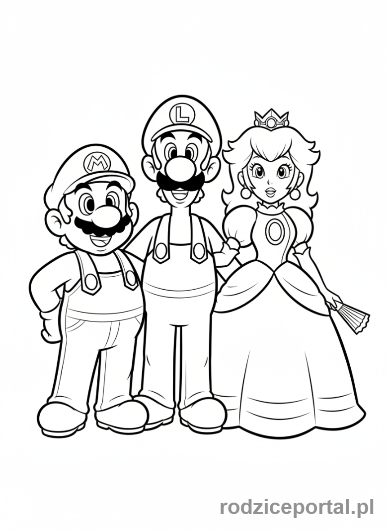 Kolorowanka Super Mario - Grupa Mario, Luigi i Peach razem