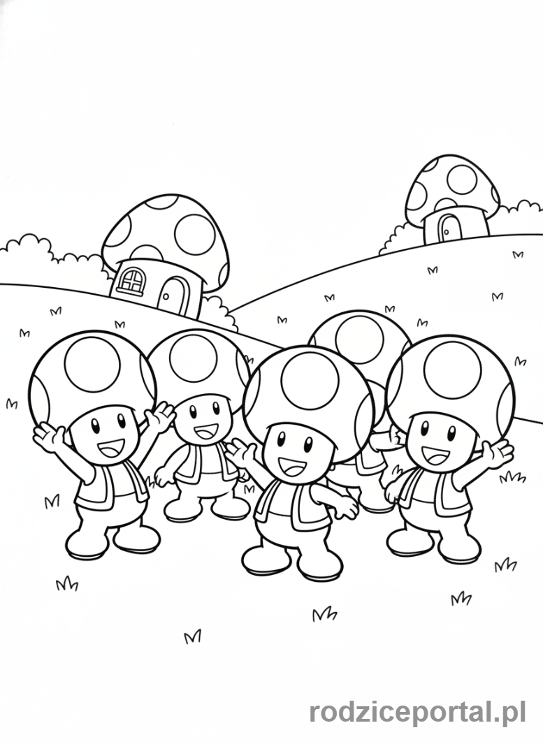 Kolorowanka Super Mario - Grupa Toads witająca Mario