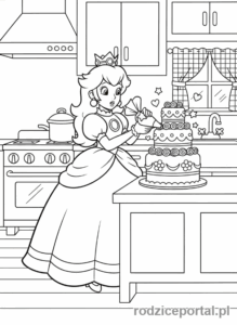 Kolorowanka Super Mario - Księżniczka Peach gotująca ciasto