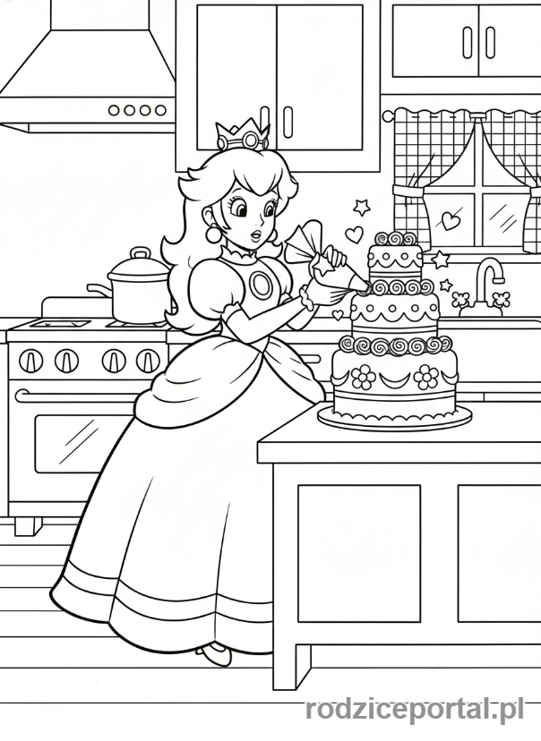 Kolorowanka Super Mario - Księżniczka Peach gotująca ciasto
