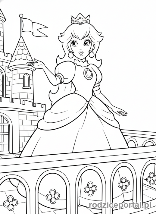 Kolorowanka Super Mario - Księżniczka Peach machająca z zamku