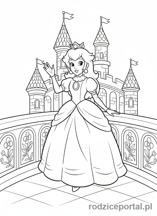 Kolorowanka Super Mario - Księżniczka Peach machająca z zamku