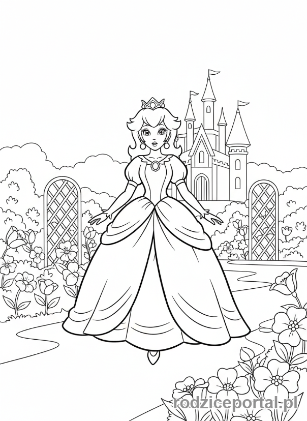 Kolorowanka Super Mario - Księżniczka Peach spacerująca po ogrodzie