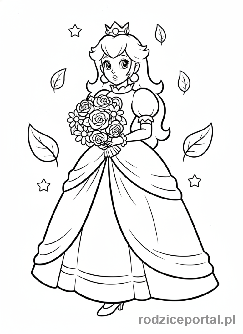 Kolorowanka Super Mario - Księżniczka Peach z bukietem kwiatów