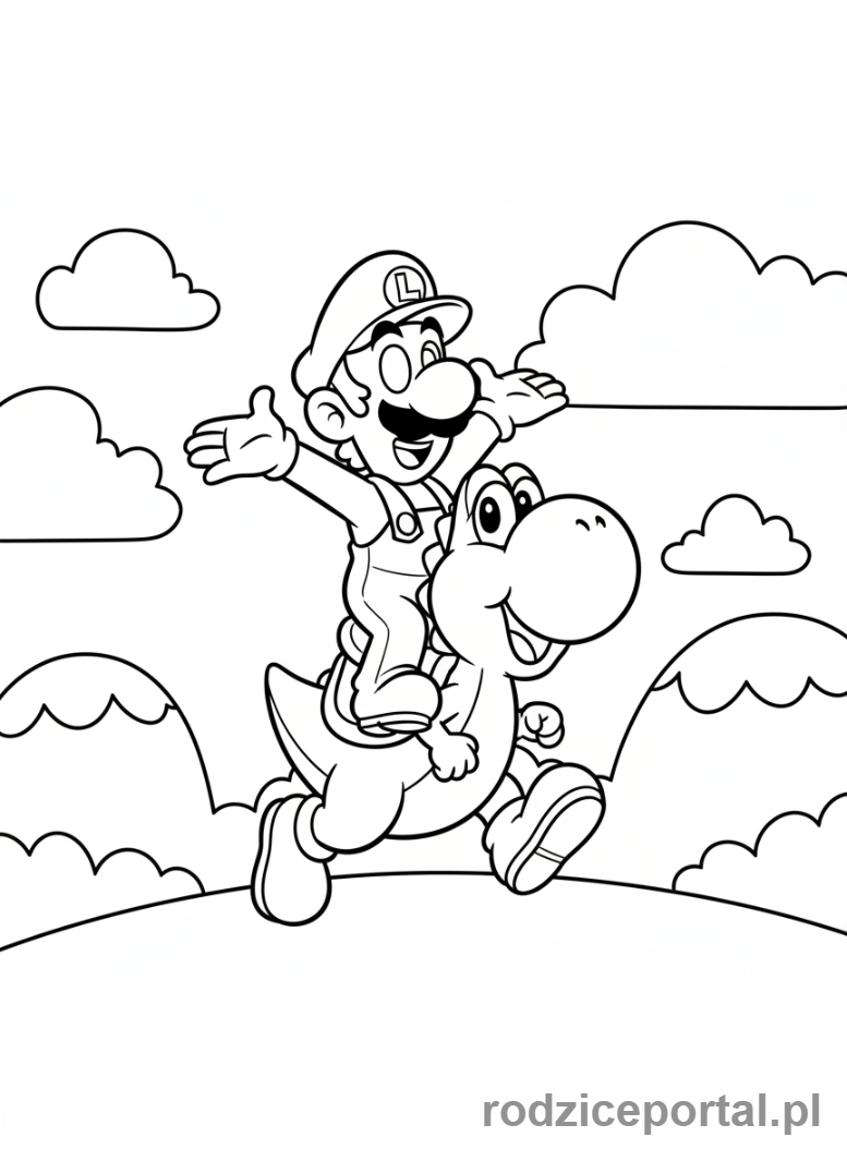 Kolorowanka Super Mario - Luigi jadący na Yoshi