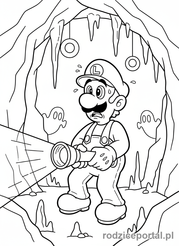 Kolorowanka Super Mario - Luigi z latarką w ciemności