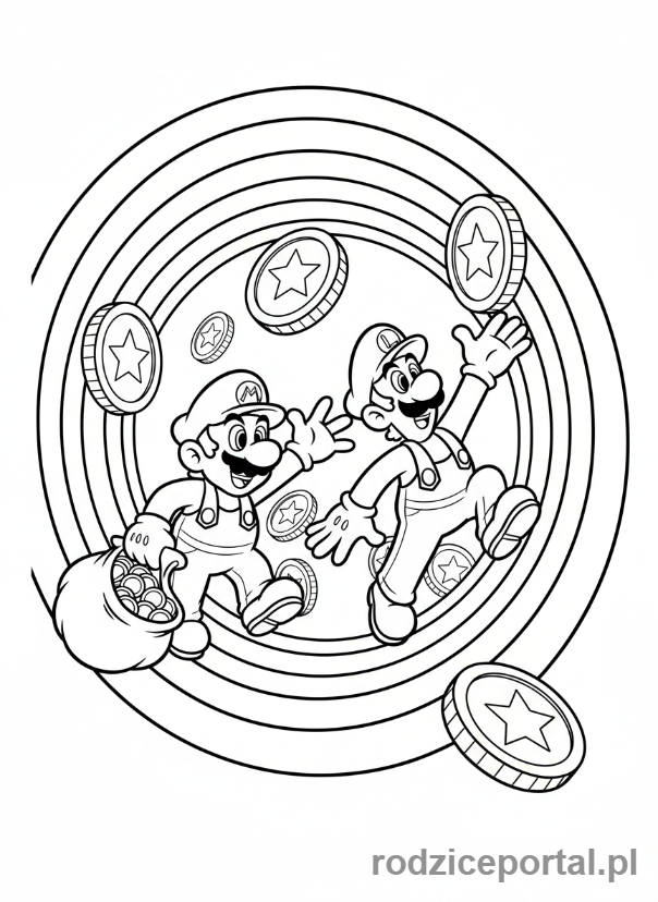 Kolorowanka Super Mario - Mario i Luigi zbierający monety w rurze