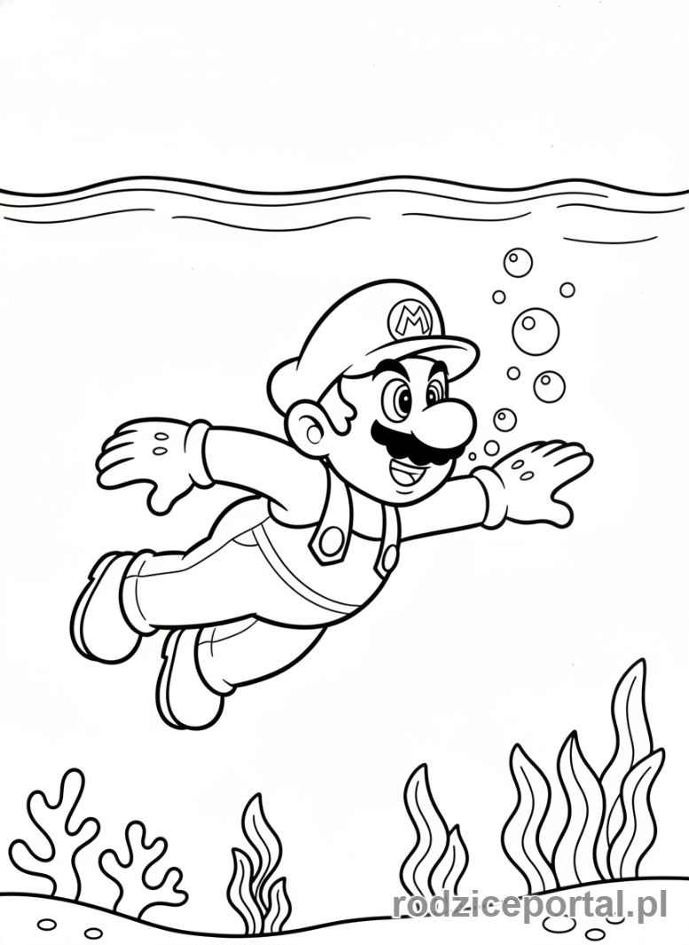 Kolorowanka Super Mario - Mario nurkujący pod wodą