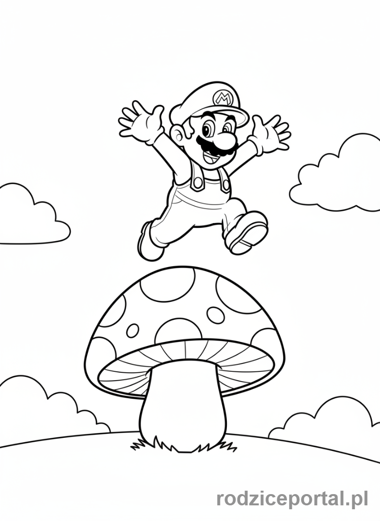 Kolorowanka Super Mario - Mario skaczący po grzybku