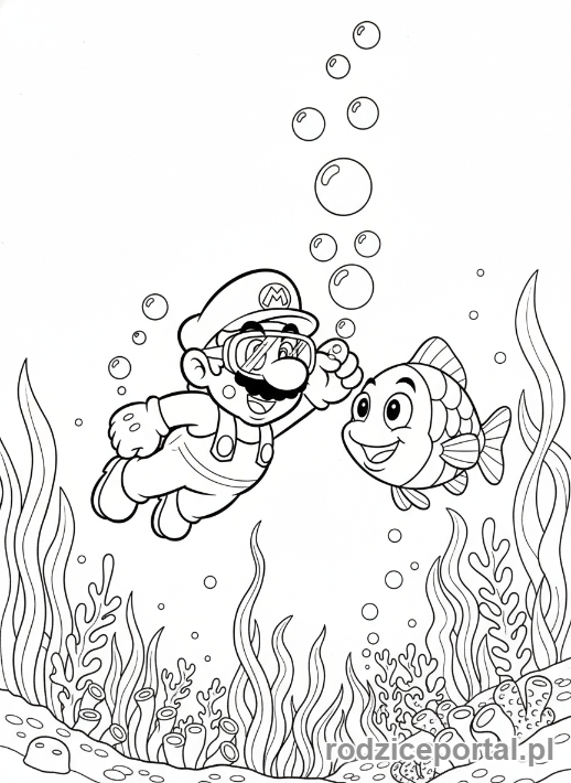 Kolorowanka Super Mario - Scena podwodna z Mario i rybką Cheep Cheep