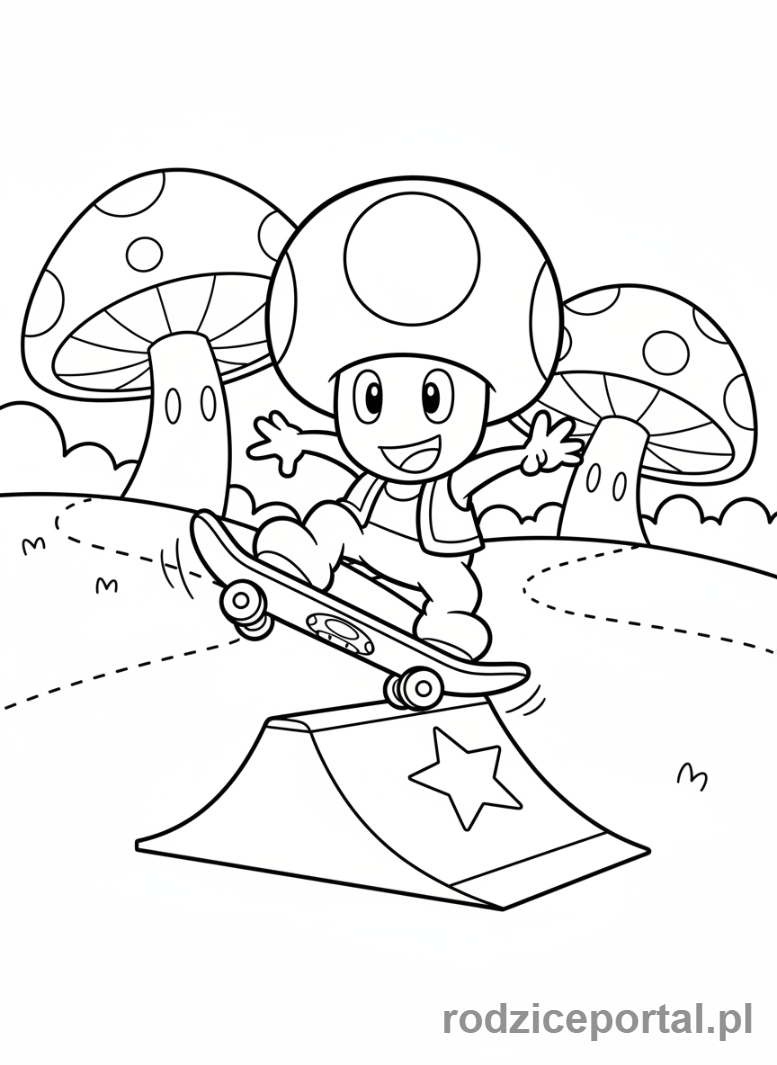 Kolorowanka Super Mario - Toad jadący na deskorolce