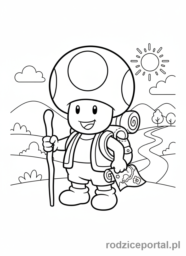 Kolorowanka Super Mario - Toad z plecakiem podróżnym