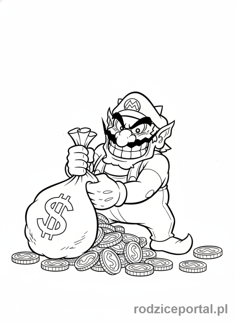 Kolorowanka Super Mario - Wario z workiem monet