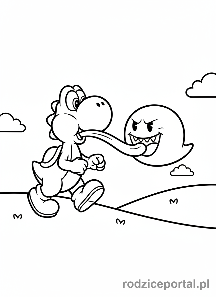 Kolorowanka Super Mario - Yoshi jedzący Boo