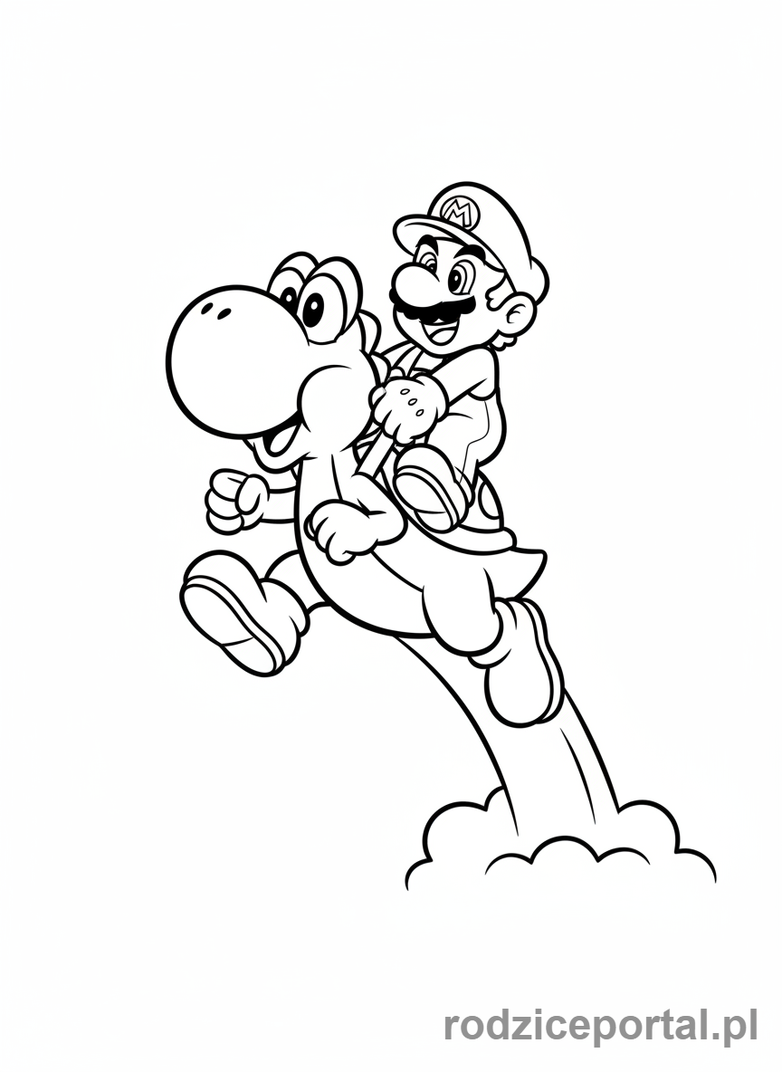 Kolorowanka Super Mario - Yoshi skaczący z Mario na plecach