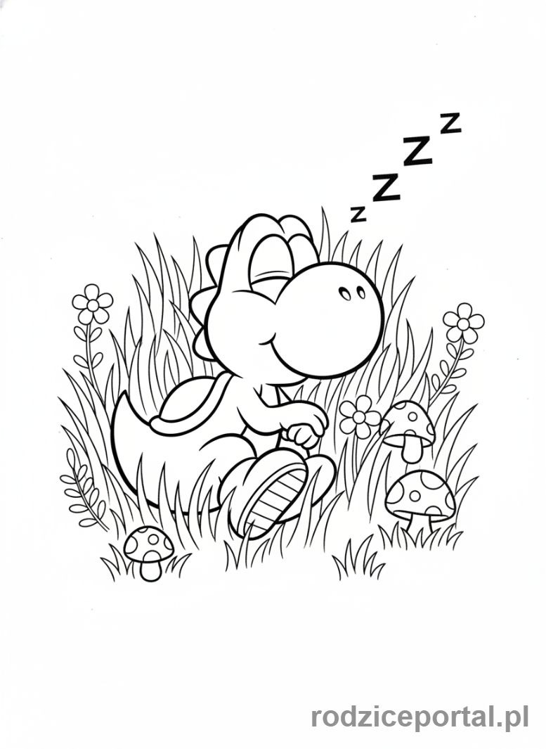 Kolorowanka Super Mario - Yoshi śpiący na trawie