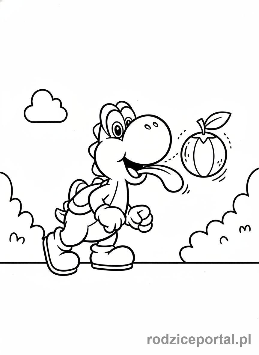 Kolorowanka Super Mario - Yoshi z językiem wyciągniętym po owoc