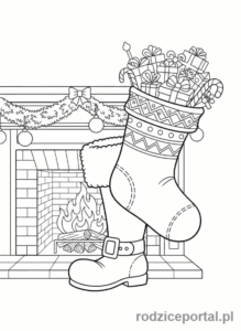 Kolorowanka Święty Mikołaj - But Mikołaja i skarpeta