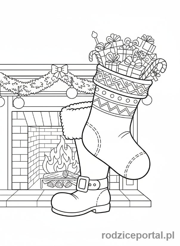 Kolorowanka Święty Mikołaj - But Mikołaja i skarpeta