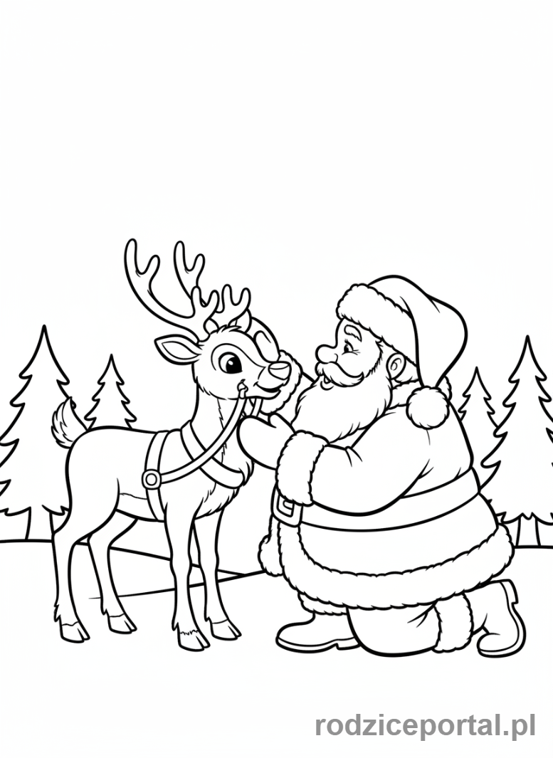 Kolorowanka Święty Mikołaj - Mikołaj głaszczący renifera