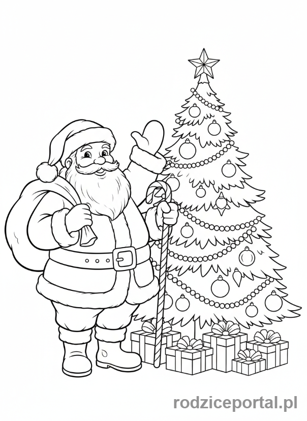 Kolorowanka Święty Mikołaj - Mikołaj obok choinki