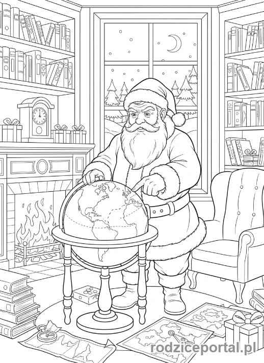 Kolorowanka Święty Mikołaj - Mikołaj patrzący na globus