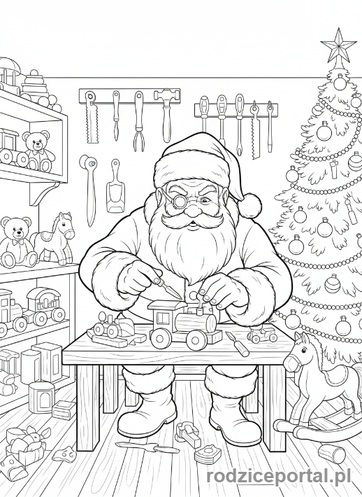 Kolorowanka Święty Mikołaj - Mikołaj tworzący zabawki