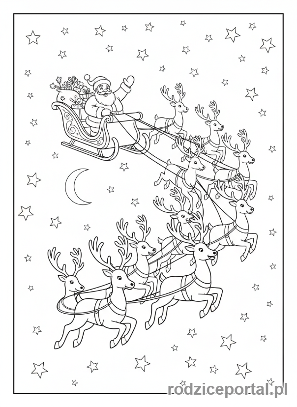 Kolorowanka Święty Mikołaj - Mikołaj w saniach z reniferami