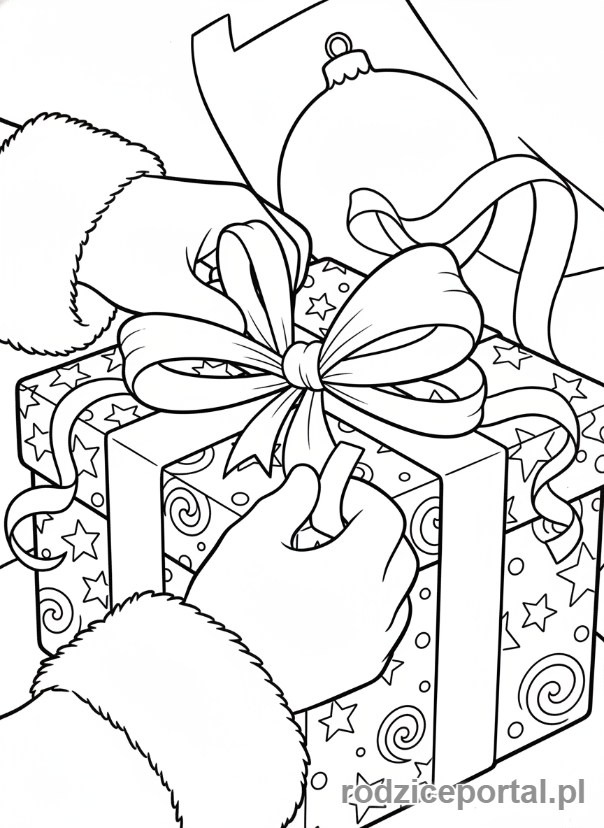 Kolorowanka Święty Mikołaj - Mikołaj wiążący kokardę na prezencie