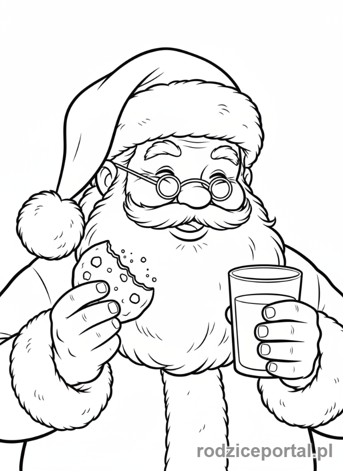 Kolorowanka Święty Mikołaj - Mikołaj z ciastkiem i mlekiem