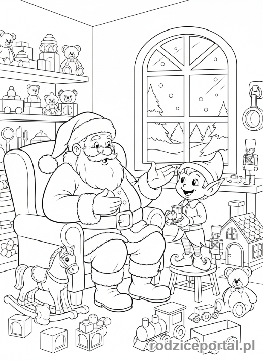 Kolorowanka Święty Mikołaj - Mikołaj z pomocnym elfem