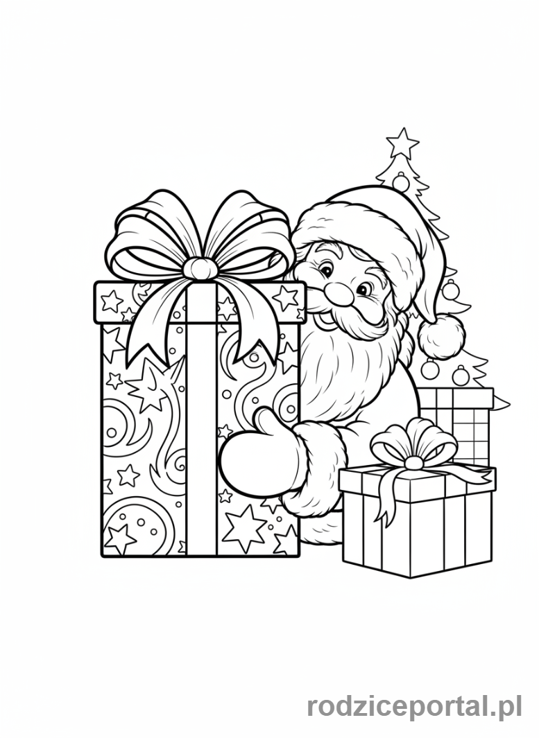 Kolorowanka Święty Mikołaj - Mikołaj zaglądający zza prezentu