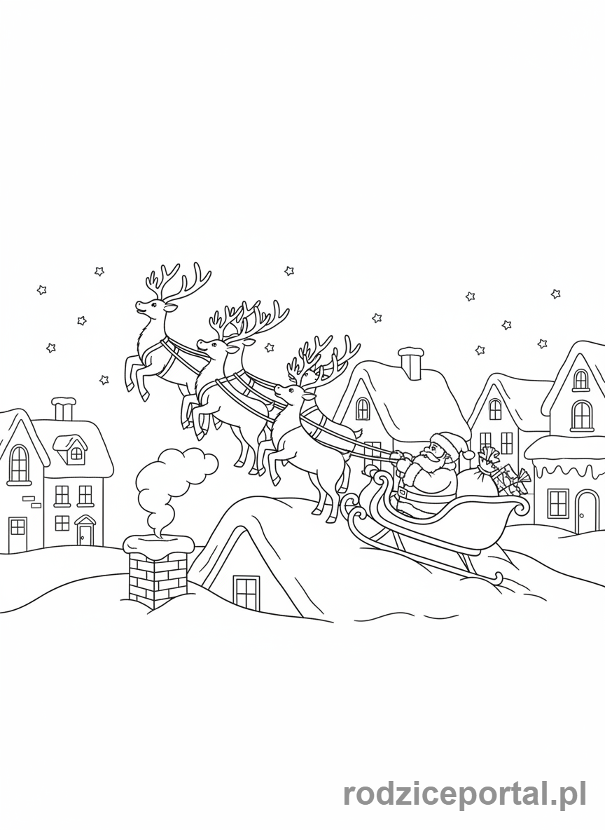 Kolorowanka Święty Mikołaj - Sanie Mikołaja lądujące