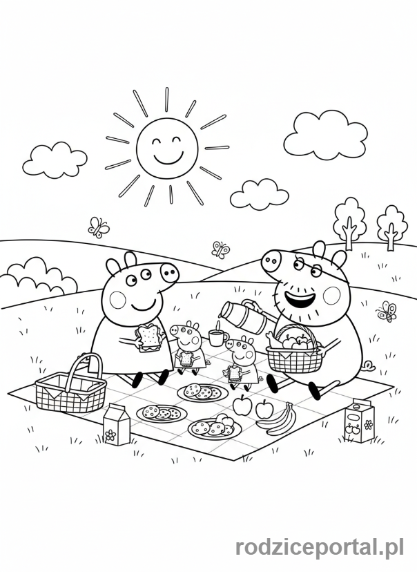 Kolorowanka Świnka Peppa - Cała rodzina świnek na pikniku