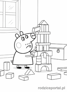 Kolorowanka Świnka Peppa - George budujący wieżę z klocków