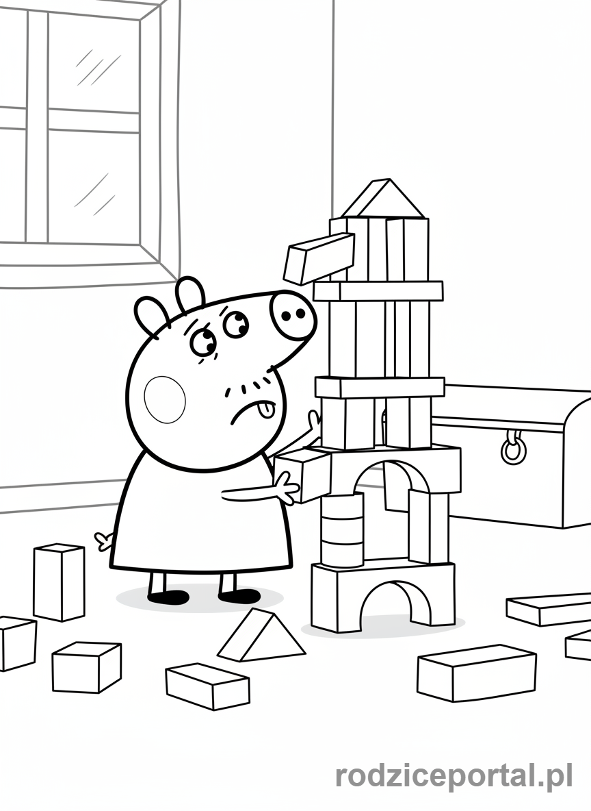 Kolorowanka Świnka Peppa - George budujący wieżę z klocków