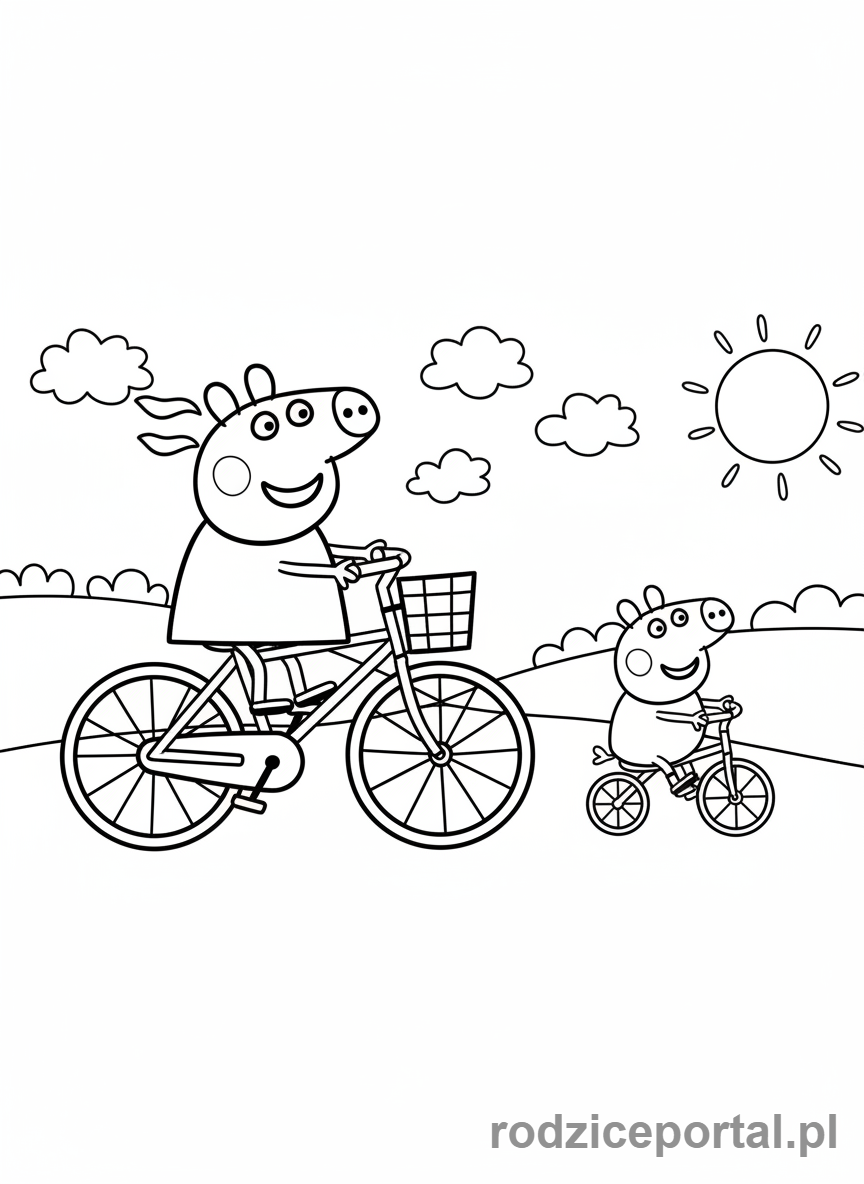 Kolorowanka Świnka Peppa - George i Peppa jadący na rowerach