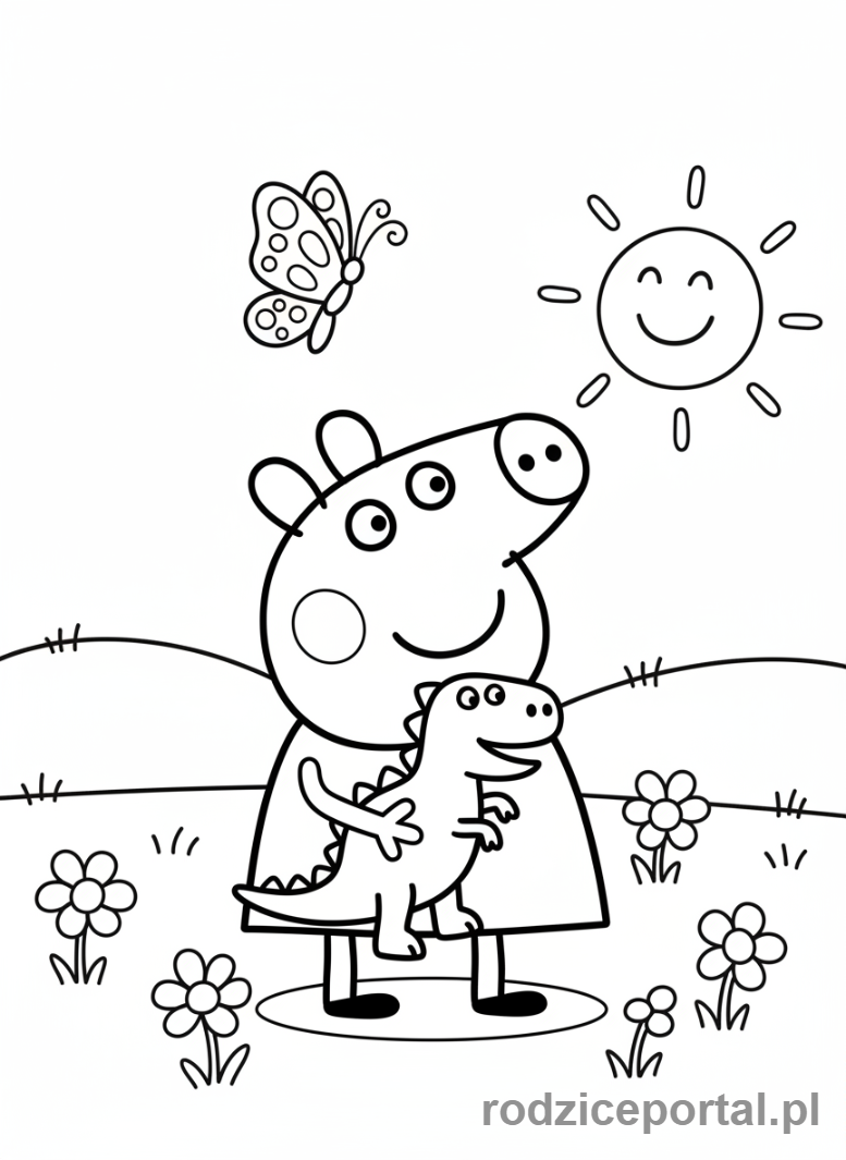 Kolorowanka Świnka Peppa - George z dinozaurem patrzący na motyla