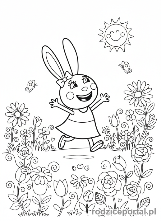 Kolorowanka Świnka Peppa - Królik Rebeka bawiąca się w ogrodzie