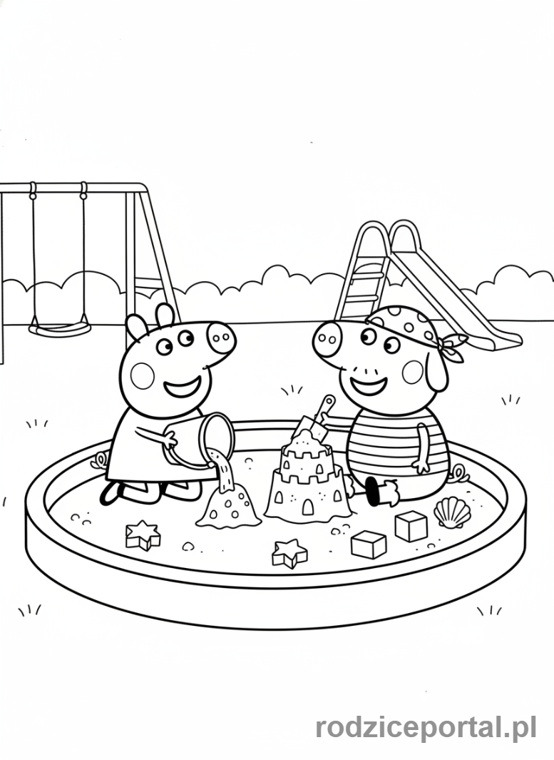 Kolorowanka Świnka Peppa - Peppa i Danny Dog bawiący się w piaskownicy