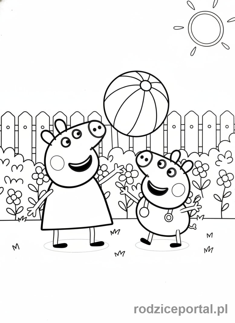 Kolorowanka Świnka Peppa - Peppa i George bawiący się piłką