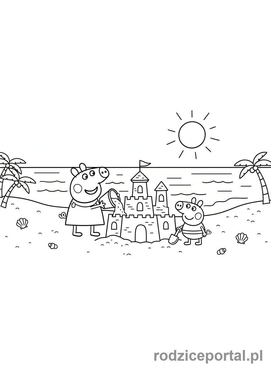 Kolorowanka Świnka Peppa - Peppa i George budujący zamek z piasku