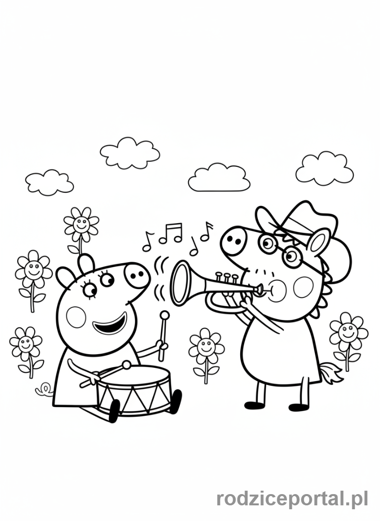 Kolorowanka Świnka Peppa - Peppa i Pedro Pony grający na instrumentach