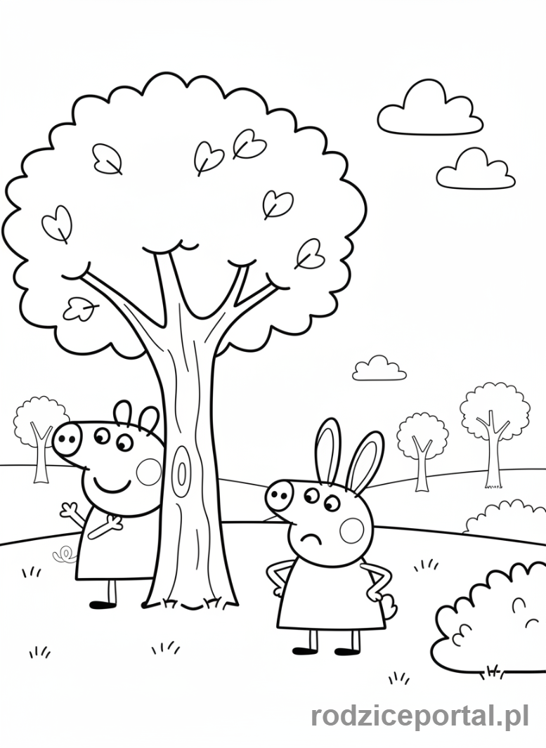 Kolorowanka Świnka Peppa - Peppa i Rebecca Rabbit bawiące się w chowanego