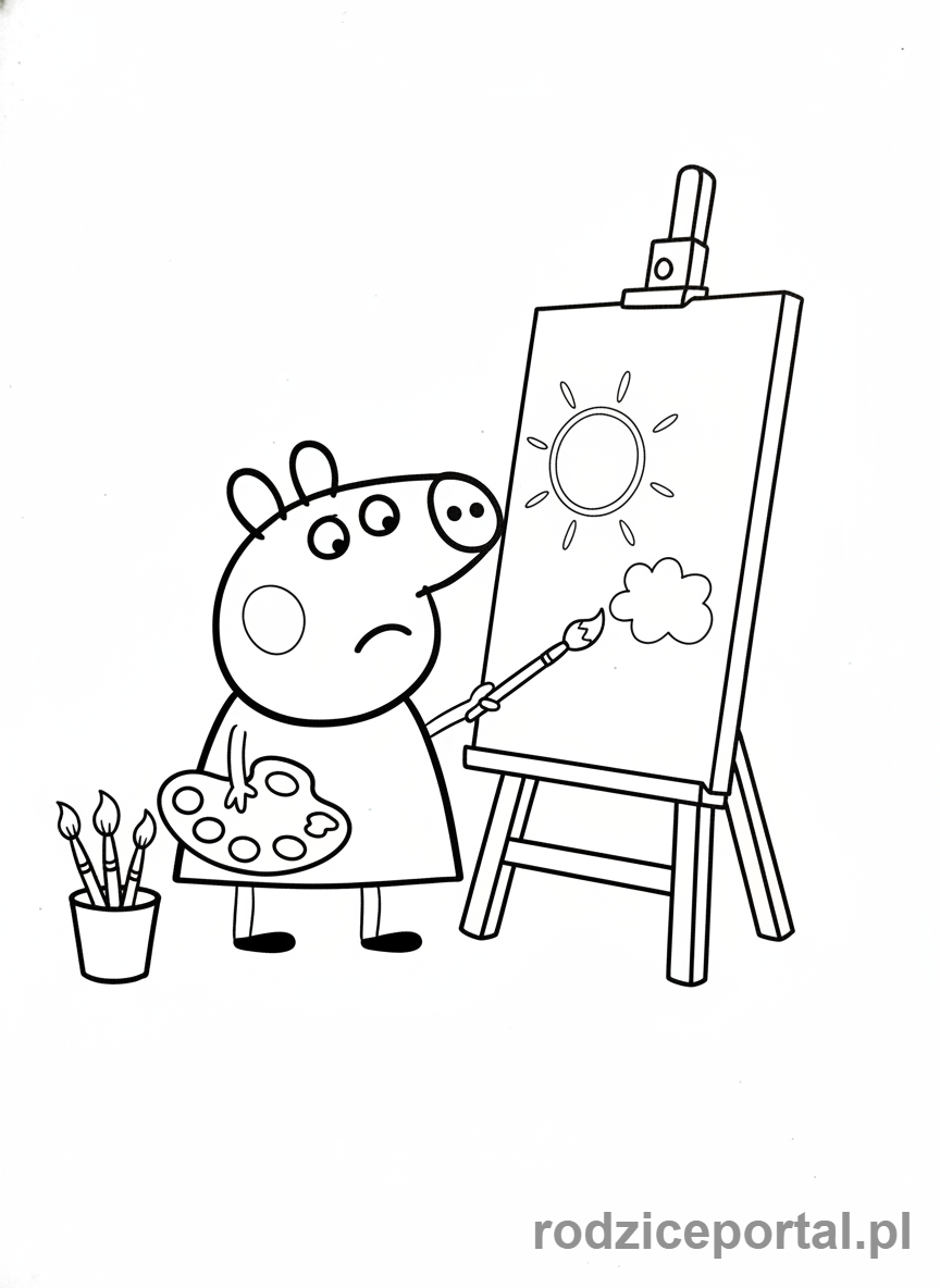 Kolorowanka Świnka Peppa - Peppa malująca obrazek sztaludze
